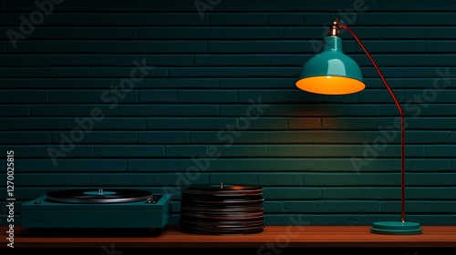 Teal turntable, lamp, and vinyl records on a wooden shelf against a dark teal brick wall.