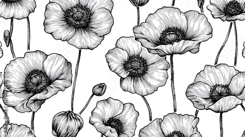 Poppy Seamless Vector Pattern - Ink Drawing with Watercolor Texture photo