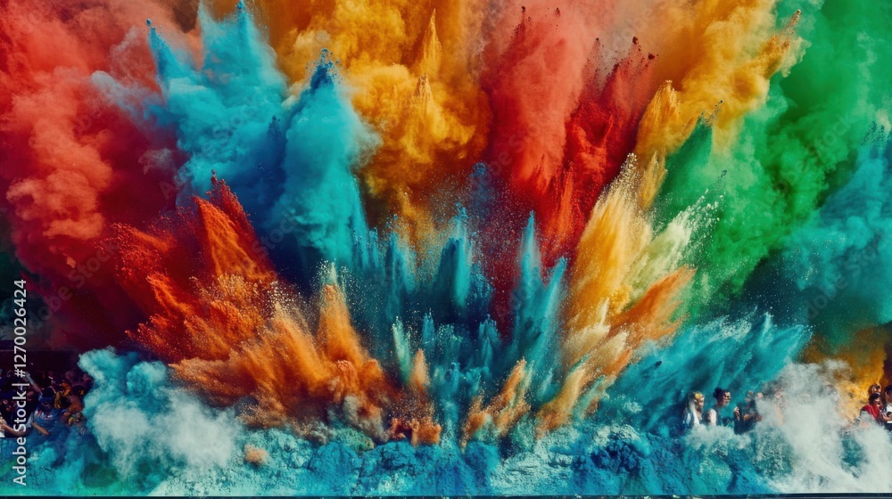 Colorful powdered pigments burst in mid-air at vibrant festival celebration Colorful powdered pigments burst in mid-air at vibrant festival celebration