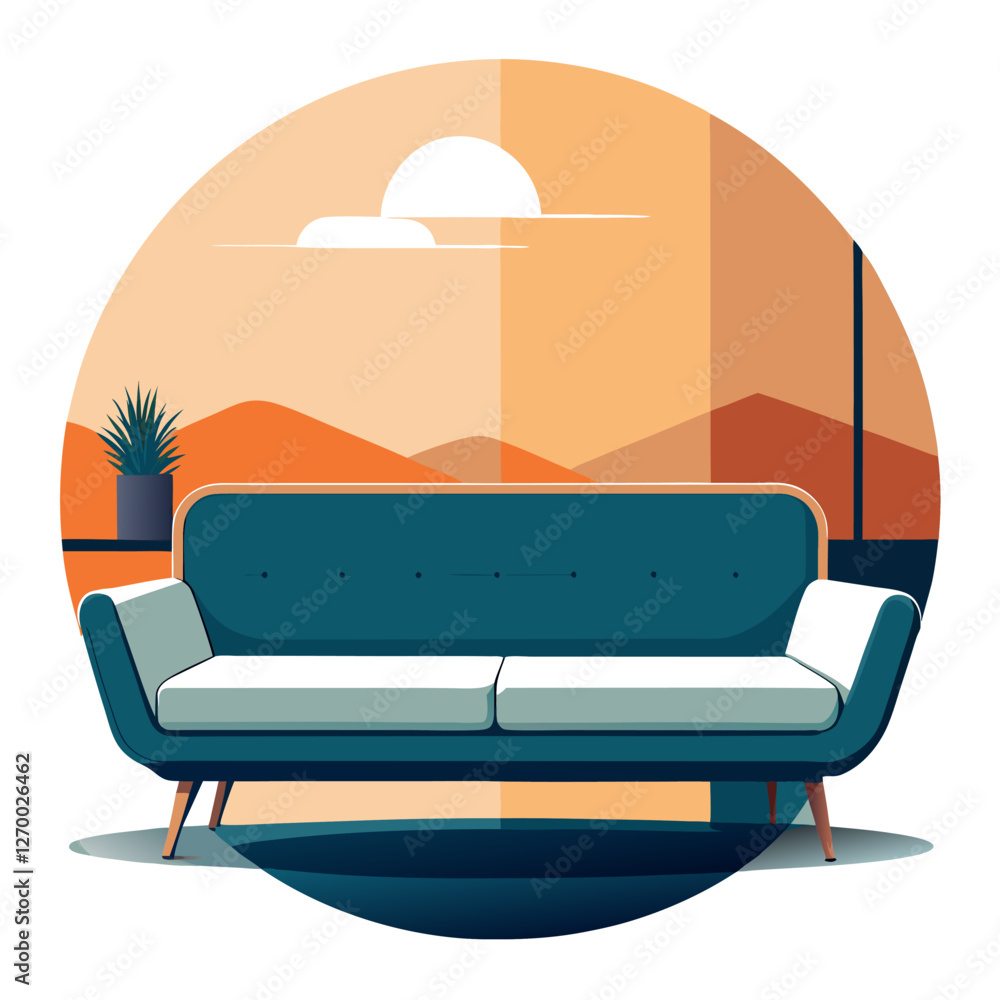 Mid-Century Sofa Vector Illustration - Clipart, Line Art, and Cartoon Design, Mid-century sofa vector illustration in clipart, cartoon, and line art style, perfect for digital use.
