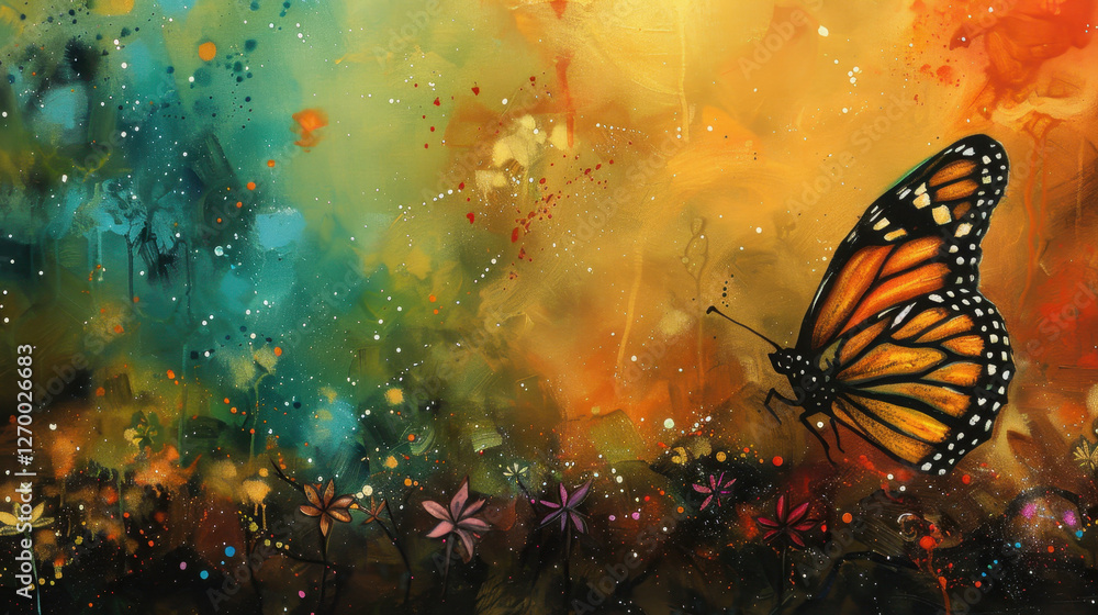 vibrant butterfly rests against colorful abstract background filled with flowers and splashes of paint, evoking sense of beauty and freedom