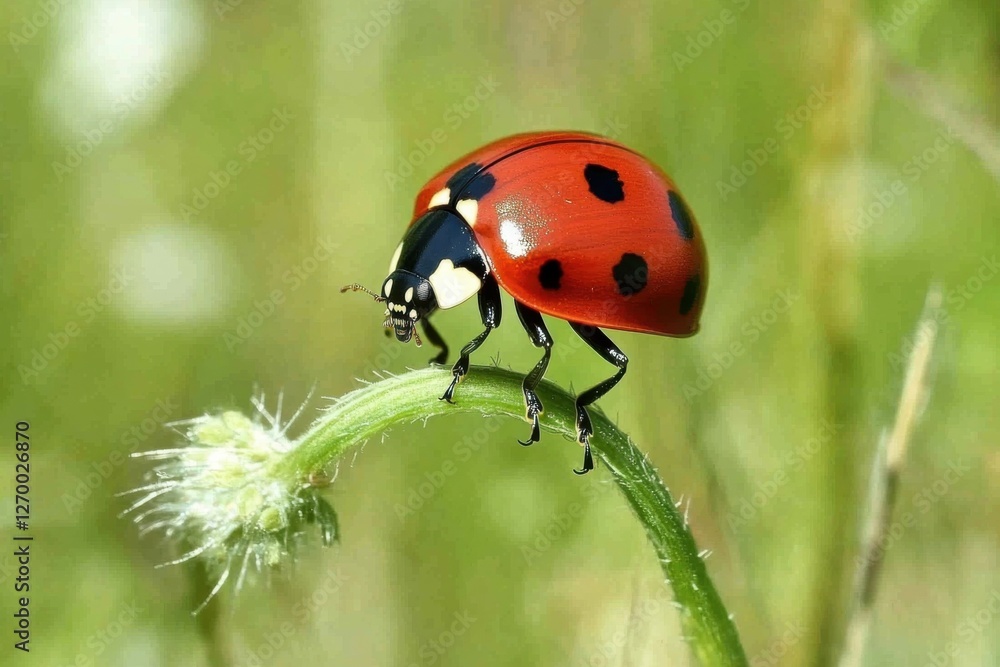 Close-up of a ladybug crawling on fresh green grass in a soft focus meadow background Close-up of a ladybug crawling on fresh green grass in a soft focus meadow background