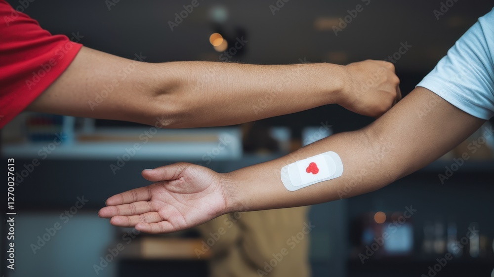 Arm of a person with a heart decorated bandage Arm of a person with a heart decorated bandage