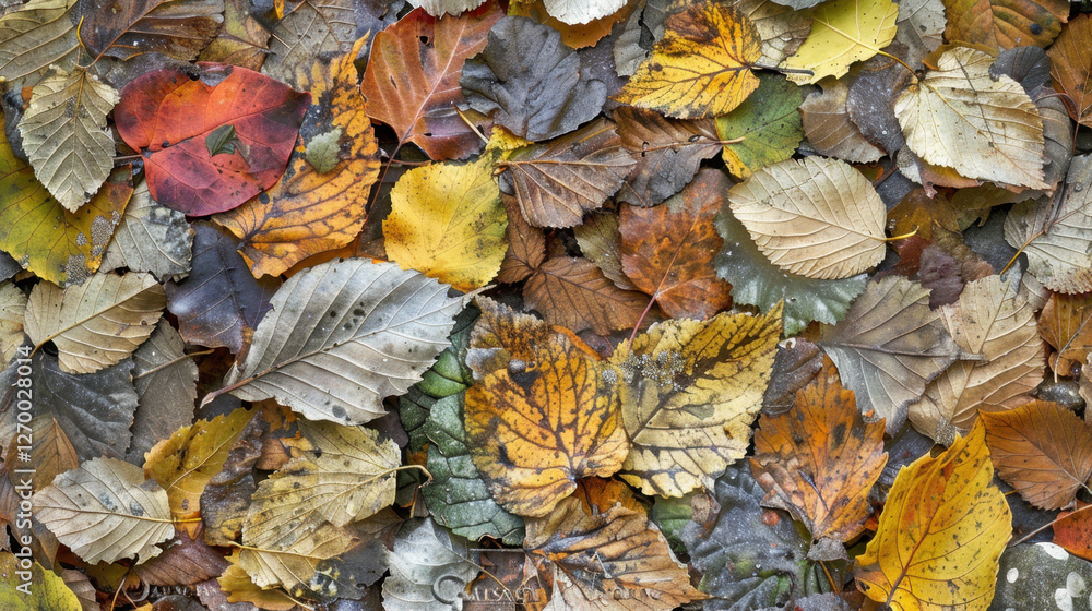 Fallen leaves in various colors create vibrant autumn scene, showcasing shades of yellow, orange, red, and brown. natural texture and patterns evoke sense of seasonal change Fallen leaves in various colors create vibrant autumn scene, showcasing shades of yellow, orange, red, and brown. natural texture and patterns evoke sense of seasonal change
