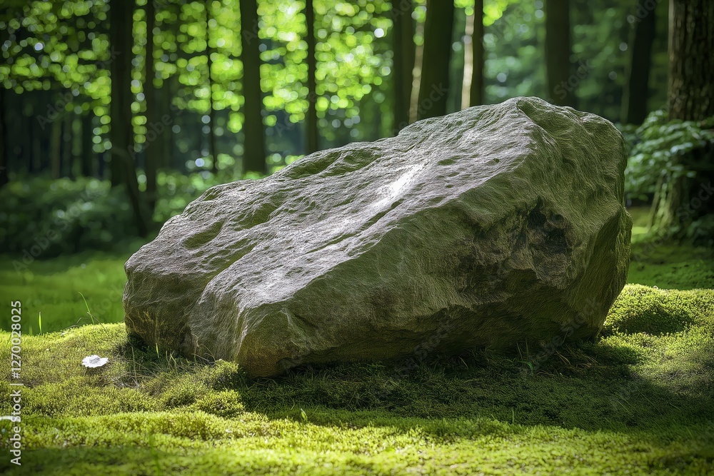 Large moss-covered rock in a green forest, symbolizing nature, tranquility, wilderness, and outdoor landscape beauty, Generative AI