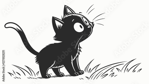 Minimalist black and white cat drawing with large expressive eyes and curious pose in cartoon style