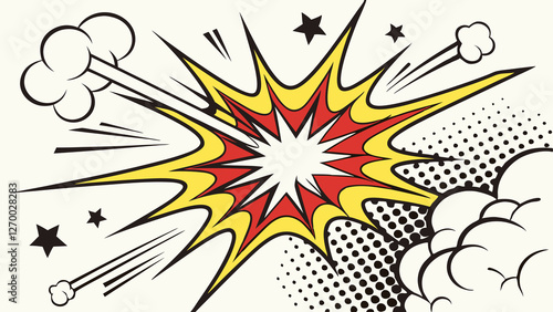 Retro pop art explosion with dramatic smoke clouds, halftone patterns, and dynamic motion lines
