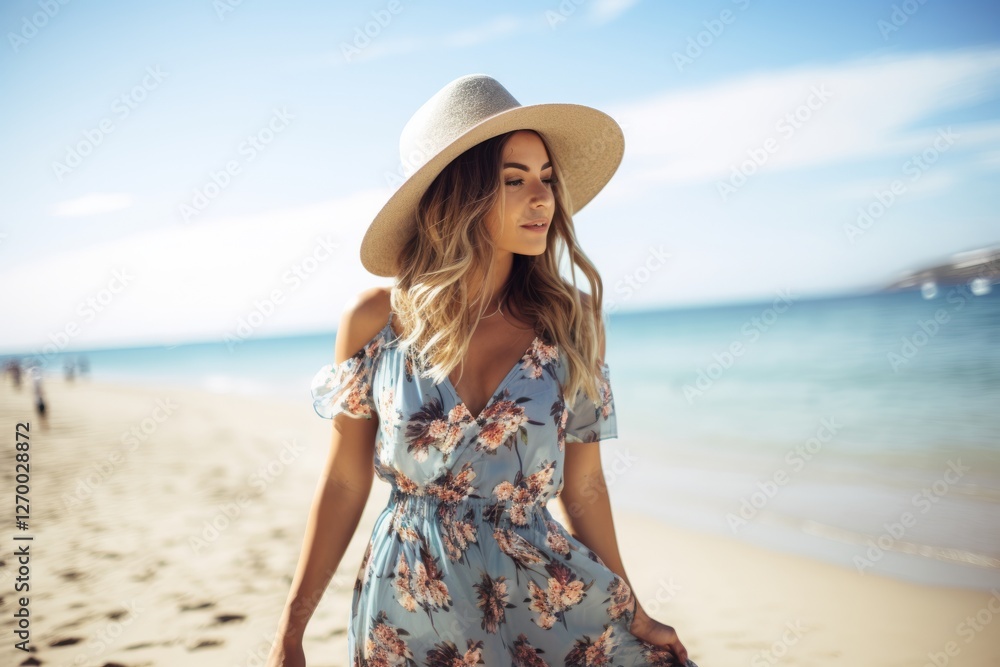 Beautiful young woman in floral dress and hat on the beach. Beautiful young woman in floral dress and hat on the beach.
