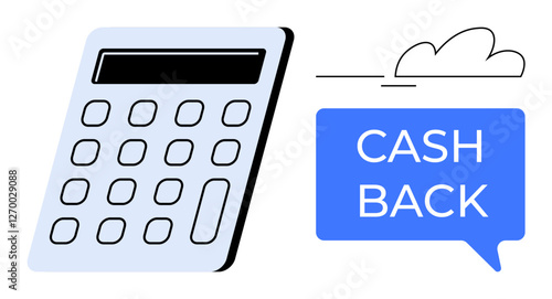 Calculator with numeric keypad and screen next to a blue message bubble reading CASH BACK with a cloud above. Ideal for finance, budgeting, savings, shopping incentives, rebates, accounting