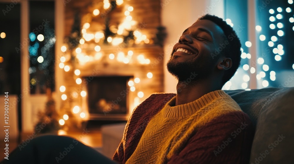 Content African American Man Relaxing at Home During the Christmas Season Content African American Man Relaxing at Home During the Christmas Season