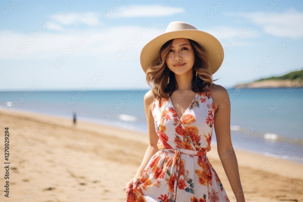 Portrait of a beautiful young woman in dress and hat walking on the beach Portrait of a beautiful young woman in dress and hat walking on the beach