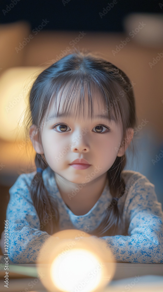 Adorable young girl with pigtails, gazing intently. Adorable young girl with pigtails, gazing intently.