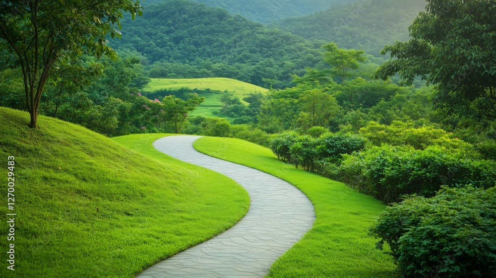 Winding path through lush green hills. Picturesque landscape with vibrant greenery. Serene nature scene. AI generated Winding path through lush green hills. Picturesque landscape with vibrant greenery. Serene nature scene. AI generated