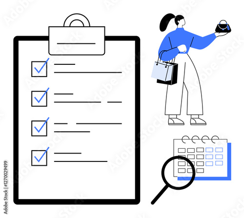 Woman holding shopping bags next to a clipboard checklist with blue checkmarks, a calendar, and a magnifying glass. Ideal for time management, shopping, planning, productivity, organization, task