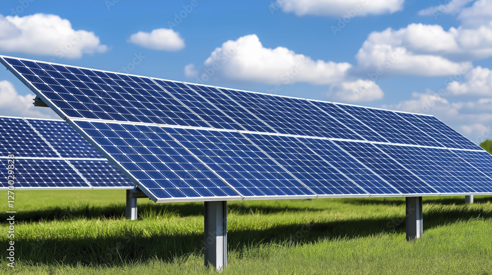Solar panels in green field under blue sky with clouds, showcasing renewable energy and sustainability Solar panels in green field under blue sky with clouds, showcasing renewable energy and sustainability