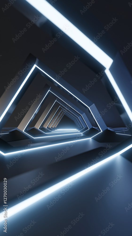 Obraz premium A futuristic triangular tunnel with glowing light edges, leading toward a dark center, symbolizing advanced technology, innovation, and modern design concepts.