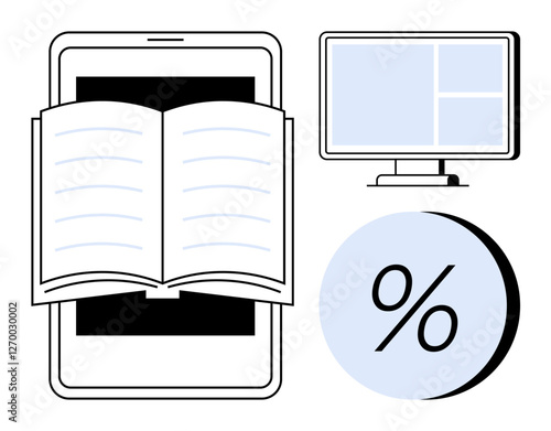 Tablet with open book, computer monitor displaying window interface, and percentage symbol. Ideal for education, online learning, e-books, digital resources, data analysis, tech integration