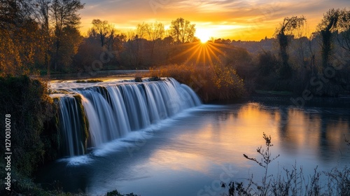 Fototapeta Naklejka Na Ścianę i Meble -  Cascading waterfall under a radiant sunrise reflecting in serene waters
