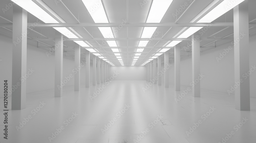 spacious, empty white room with bright overhead lights and columns, creating minimalist and modern atmosphere. Ideal for various uses like exhibitions or studios spacious, empty white room with bright overhead lights and columns, creating minimalist and modern atmosphere. Ideal for various uses like exhibitions or studios