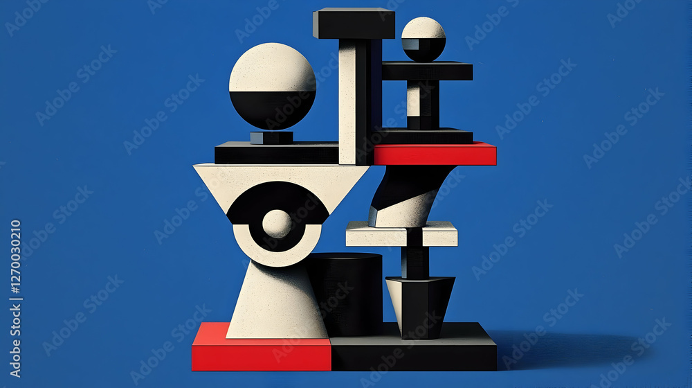 Abstract geometric shapes balanced on blue background, illustrating stability and design, for website banner Abstract geometric shapes balanced on blue background, illustrating stability and design, for website banner
