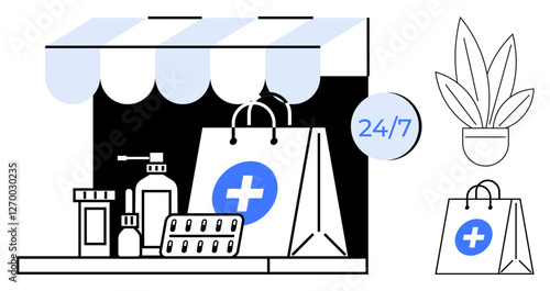 Pharmacy storefront with canopy, shopping bags, pills, medicine bottles, and a 247 service sign nearby potted plant. Ideal for healthcare, e-commerce, delivery services, online shopping convenience