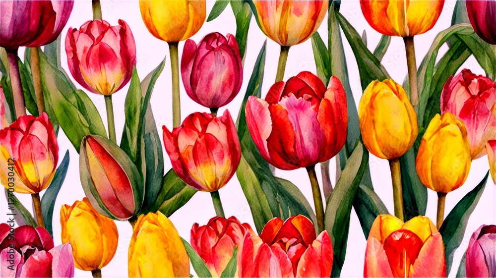 Fototapeta premium Hand-painted watercolor bouquet of multicolored tulips.