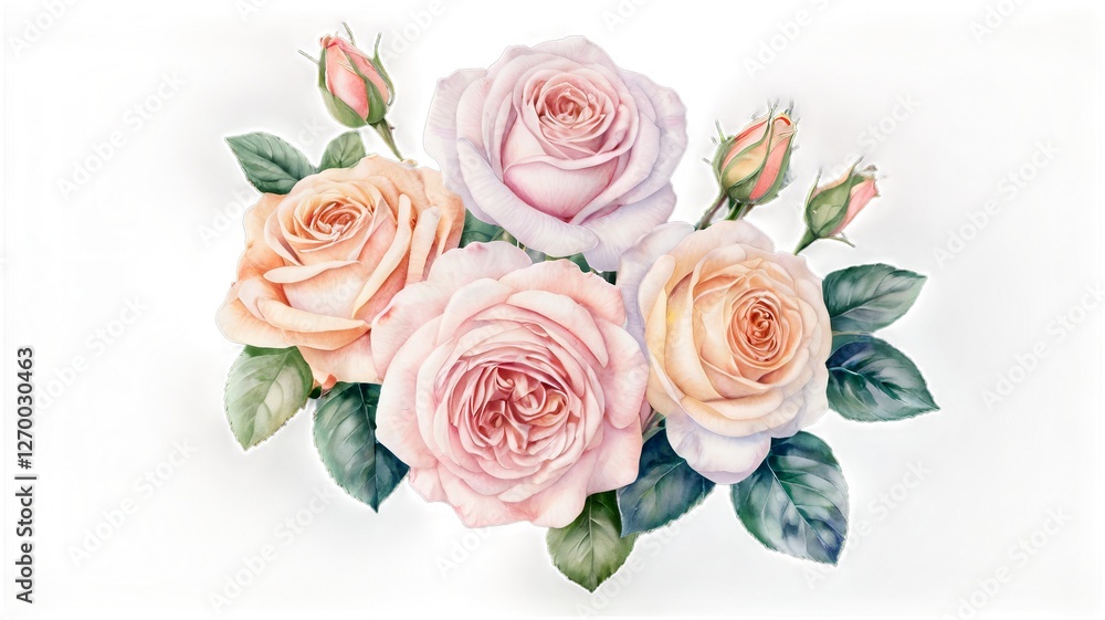 Obraz premium Elegant blooming roses with delicate pastel petals on a white background