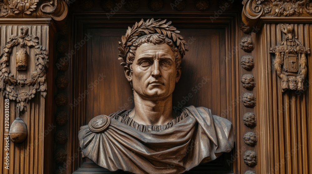 Naklejka premium Detailed wood carving depicting a classical figure with laurel wreath