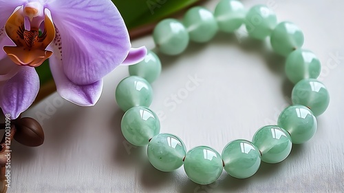 Stunning Green Jade Bracelet with Beautiful Orchid Flower Arranged Artistically for Display : Generative AI photo