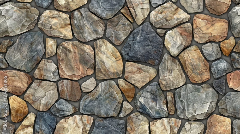 Fototapeta premium Natural stone wall texture with various colors and shapes, showcasing earthy tones and rugged appearance. Ideal for backgrounds or design elements
