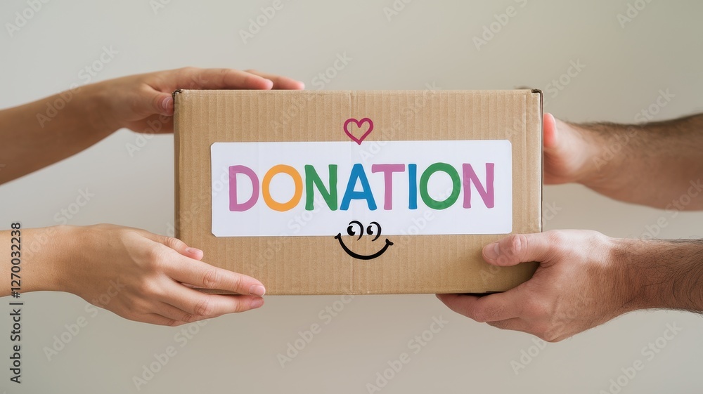 Hands passing a donation box with colorful lettering and symbol Hands passing a donation box with colorful lettering and symbol
