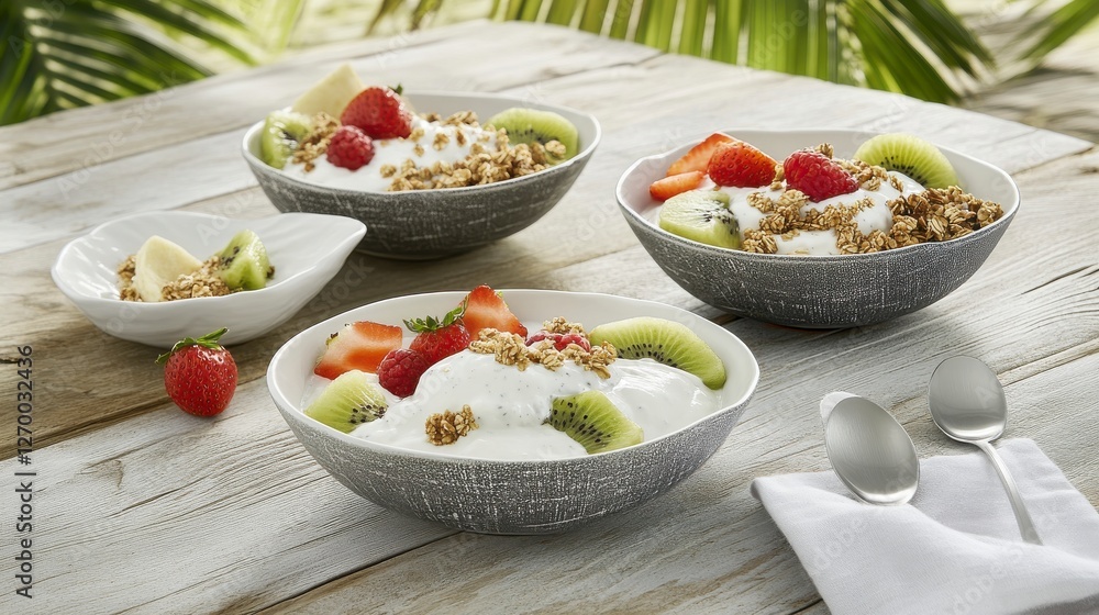 Elegant Breakfast Bowls with Yogurt, Granola, and Fresh Fruits - A Delightful Morning Meal Elegant Breakfast Bowls with Yogurt, Granola, and Fresh Fruits - A Delightful Morning Meal