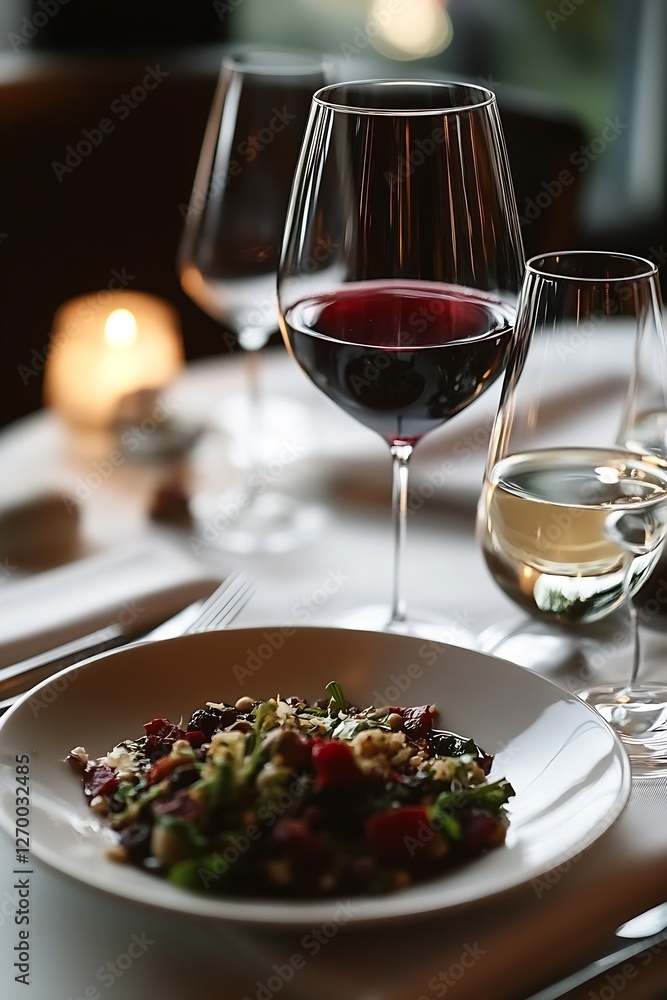 Sophisticated Dining Scene Featuring Red Wine and Colorful Salad Bowl : Generative AI Sophisticated Dining Scene Featuring Red Wine and Colorful Salad Bowl : Generative AI
