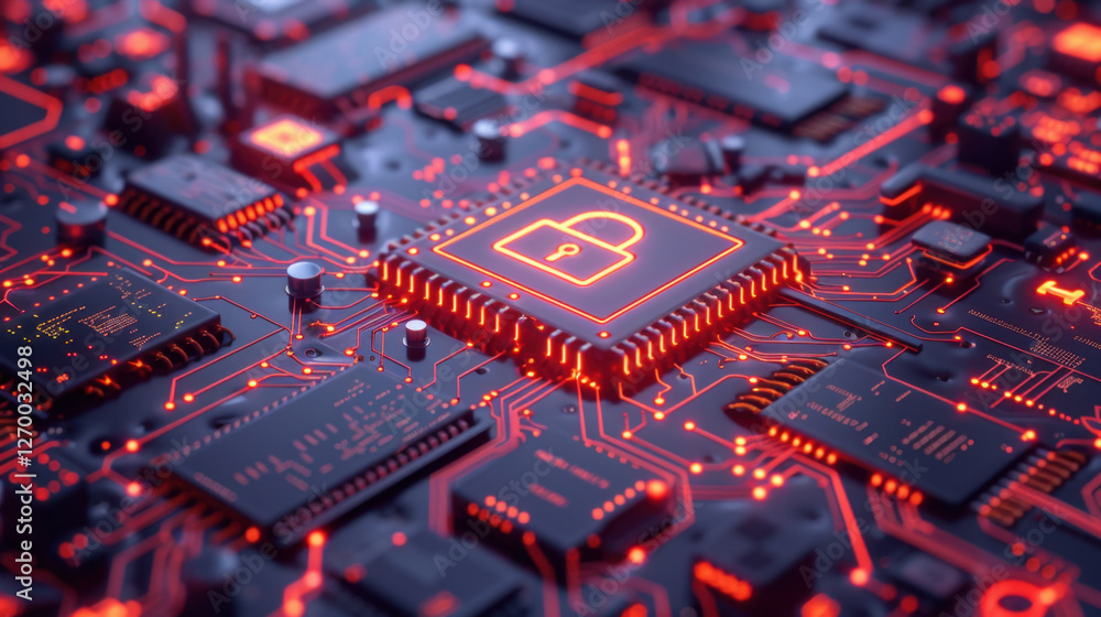 Digital circuit board with padlock symbol, representing cybersecurity and data protection. intricate design features glowing red lines and microchips, conveying sense of technology and security Digital circuit board with padlock symbol, representing cybersecurity and data protection. intricate design features glowing red lines and microchips, conveying sense of technology and security