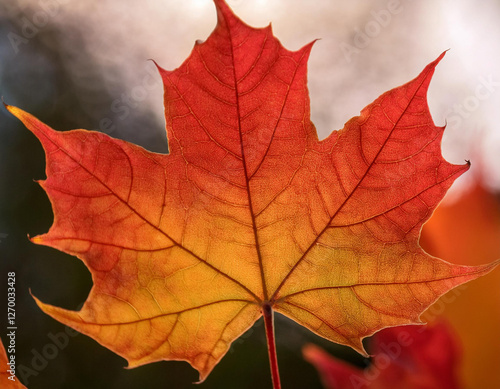 Close-Up of a Vibrant Maple Leaf with Detailed Veins and Rich Autumn Colors photo