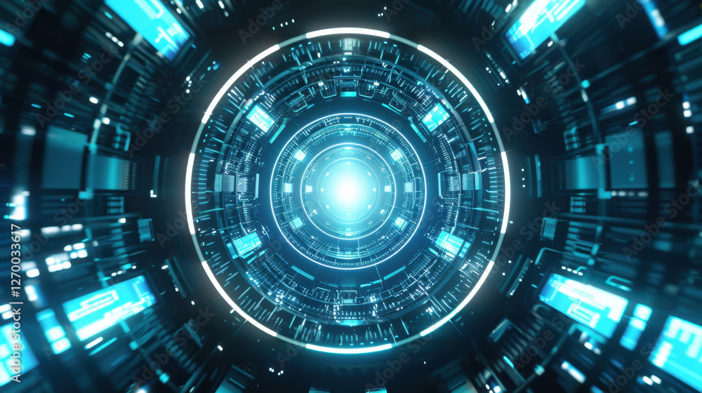 Futuristic digital tunnel with glowing blue lights and circular patterns, creating sense of depth and technology. Ideal for sci fi themes and modern design Futuristic digital tunnel with glowing blue lights and circular patterns, creating sense of depth and technology. Ideal for sci fi themes and modern design