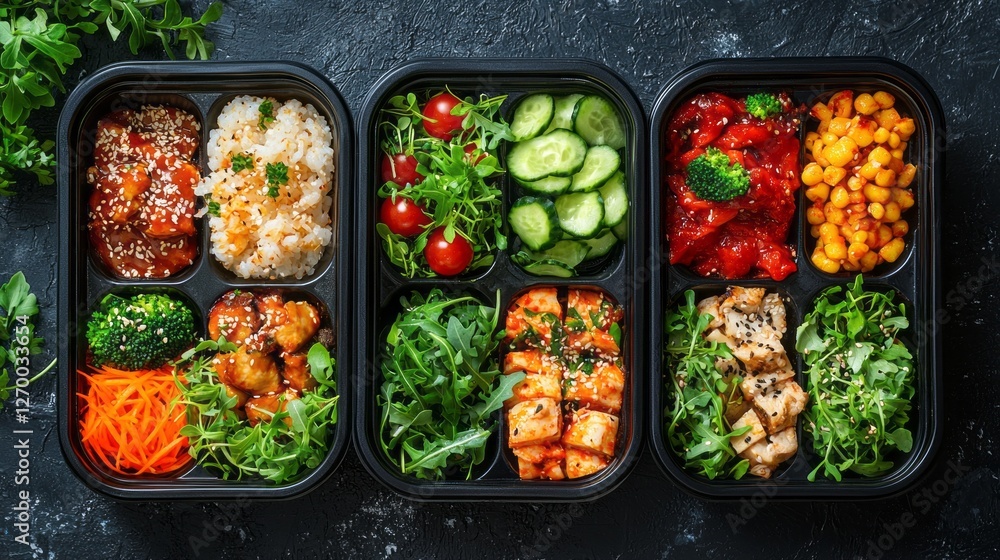 Three neatly arranged lunch boxes offer a delightful assortment of colorful dishes, showcasing fresh vegetables, rice, and protein-packed options. Perfect for a midday meal