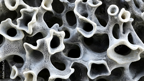 Abstract close-up view of intricate, porous, white and gray rock formations on a beach
