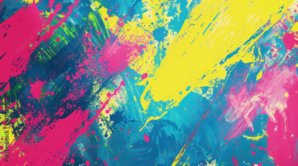 Vibrant abstract painting with bold colors and dynamic brush strokes, featuring pink, yellow, and blue hues that create energetic and lively atmosphere Vibrant abstract painting with bold colors and dynamic brush strokes, featuring pink, yellow, and blue hues that create energetic and lively atmosphere