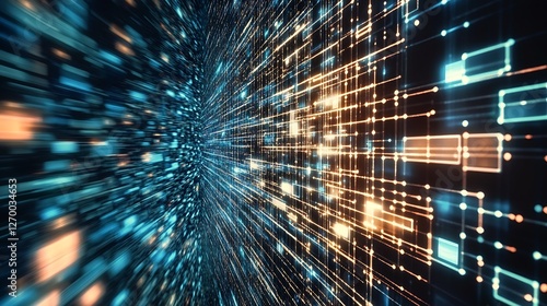 Dynamic technology background with glowing paths of blue and gold light representing digital data flow : Generative AI
