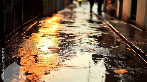 Autumn leaves scattered on a rain-drenched sidewalk reflecting warm street lights : Generative AI photo