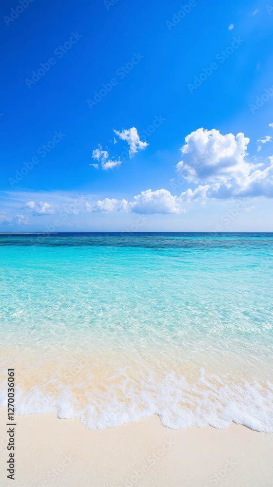 Fototapeta premium Serene Beach Scene: Azure Waters, Fluffy Clouds, and Soft Sand