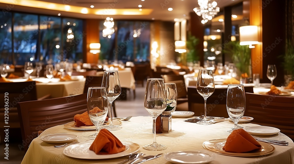 Elegant dining setup in a modern restaurant with sophisticated lighting and glassware for an exquisite dining experience : Generative AI Elegant dining setup in a modern restaurant with sophisticated lighting and glassware for an exquisite dining experience : Generative AI