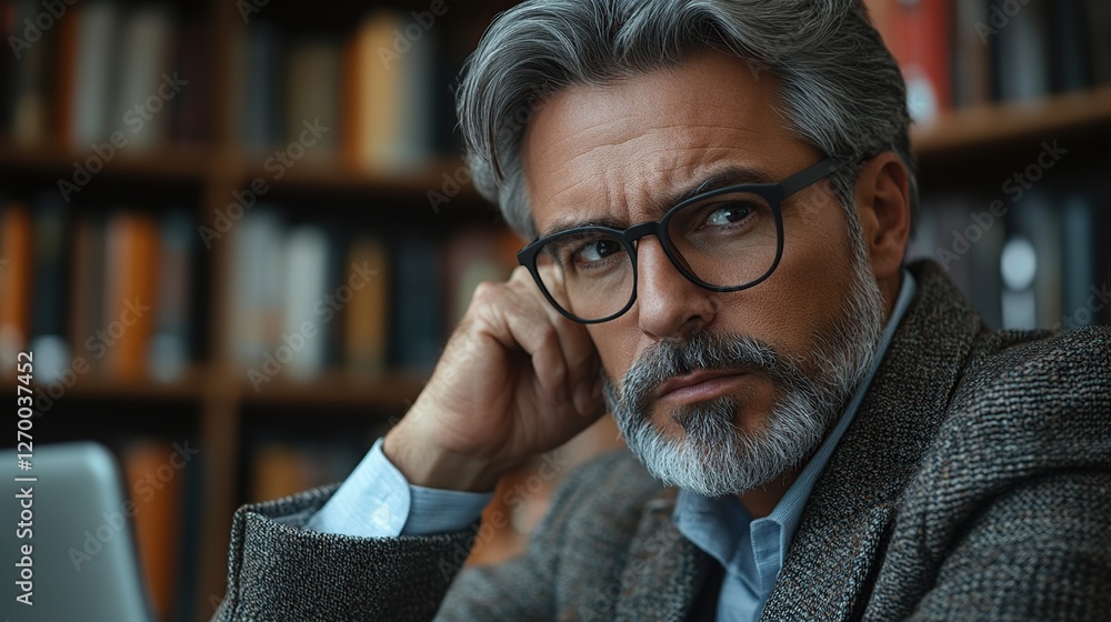 Thoughtful man library laptop pensive Thoughtful man library laptop pensive