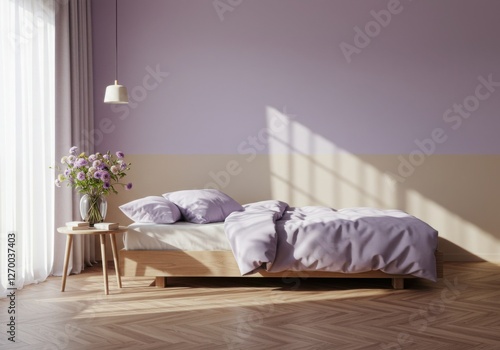 Soft Purple and Beige Minimalist Bedroom with Fresh flowers