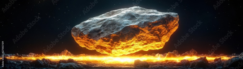 A colossal rock levitating over a glowing abyss, its core pulsating with energy, earth element, power, gravity defiance, and hidden strength A colossal rock levitating over a glowing abyss, its core pulsating with energy, earth element, power, gravity defiance, and hidden strength