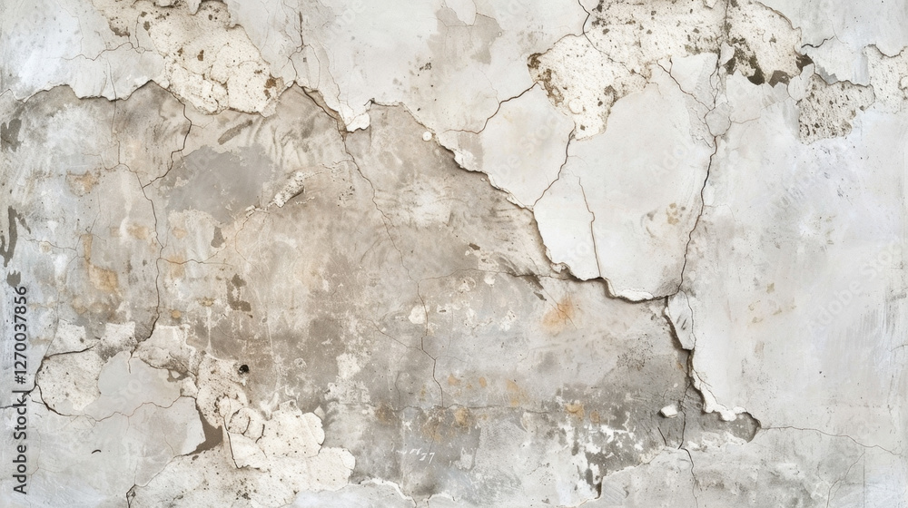 Cracked wall texture with peeling paint and weathered surface, showcasing mix of gray and beige tones, ideal for backgrounds or design projects Cracked wall texture with peeling paint and weathered surface, showcasing mix of gray and beige tones, ideal for backgrounds or design projects