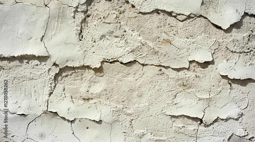 Cracked white plaster wall with peeling texture and rough surface. aged appearance adds character and depth, showcasing effects of time and weathering Cracked white plaster wall with peeling texture and rough surface. aged appearance adds character and depth, showcasing effects of time and weathering