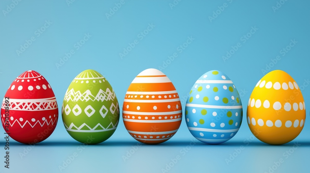 Brightly decorated easter eggs arranged in perfect row on blue background, greeting card Brightly decorated easter eggs arranged in perfect row on blue background, greeting card