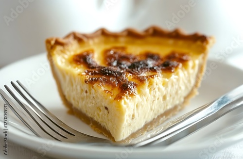 Perfectly Baked Custard Pie Slice with Golden Crust Served on White Plate : Generative AI photo